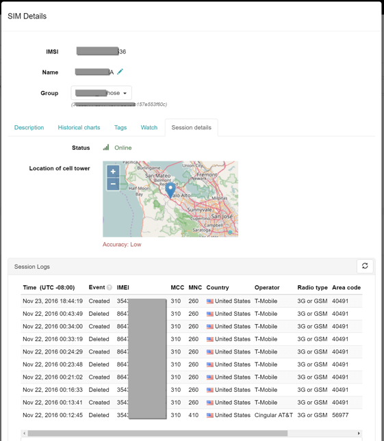 SIM details window, Soracom IoT Platform