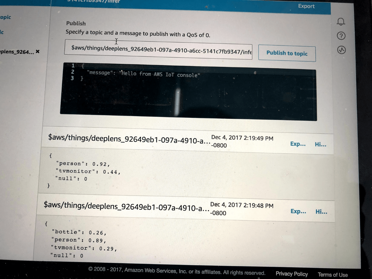 MQTT client subscribed to AWS IoT Topic