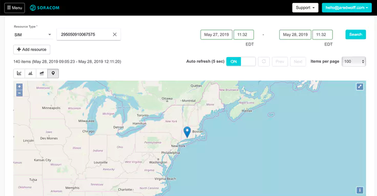 Soracom Lagoon IoT dashboard showing geolocation data