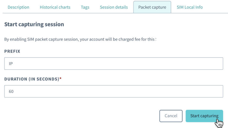 Apply a prefix if you’d like to prepend one to the generated file name, select how long you want to be capturing packets of IP for, then hit Start Capturing.