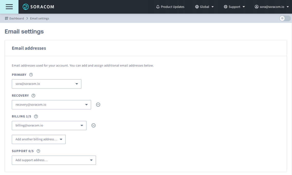 Soracom Account, User Console email settings