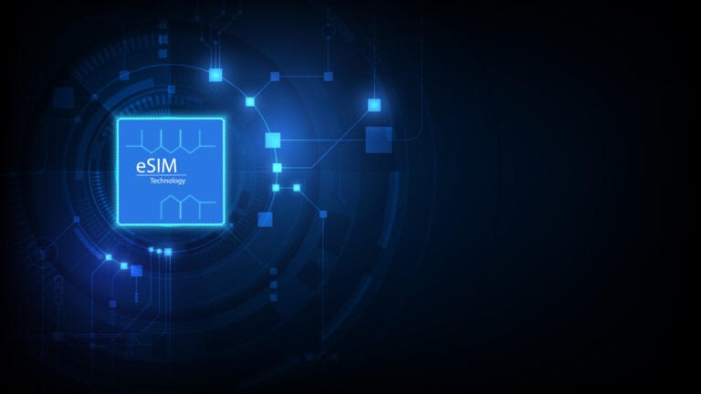 eSIM card chip sign. Embedded SIM concept. New mobile communication technology and processor background circuit board vector illustration, image by Adobe Stock